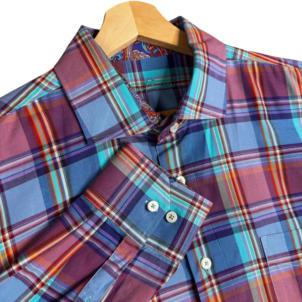 Alan Flusser Mens Size XL Plaid Button Front Shirt 100% Cotton Blue Purple Plaid